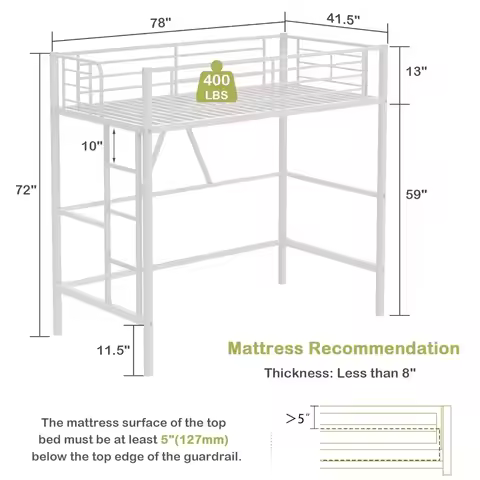 Twin Size Metal Loft Bed with Ladder and Guardrail, Space-Saving Heavy Duty Frame, Noise Free, White