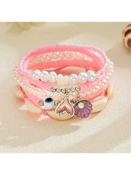 4/5 PCS Set Ocean Bohemian Handmade Clay Shell Starfish Bracelet For Women - Stackable Elastic Beade