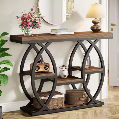4-Tier Industrial Entryway Table with Storage, Narrow Wood Accent Table for Small Spaces, Rustic Bro