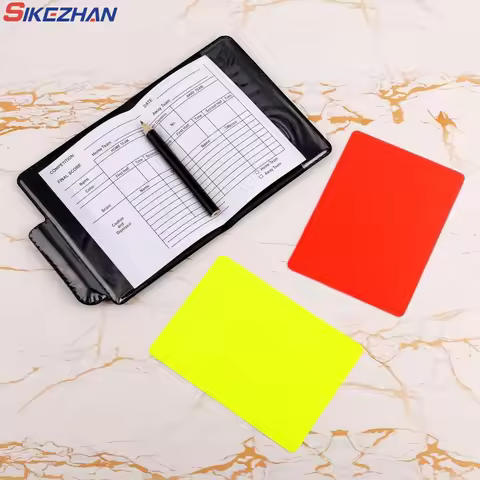 Football referee card game, referee patrol flag, red and yellow card with pencil, football warning c