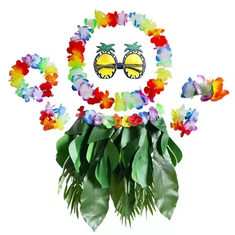 Girls Teens Hawaiian Leis Set Leaf Hula Grass Skirt Artificial Flowers Hula Costume Pineapple Glasse