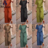 2pcs/set Women Loose Cotton Linen Set Temperament Solid Color Round Neck Elastic Waist Short-sleeved Tops+ Wide-leg Pants Suit【fast】