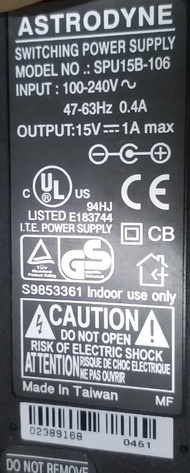 ASTRODYNE充電器火牛adapter,charger, Model SPU15B-106. Input 100-240V, 47-63Hz 0.4A. Output: 15V, 1A.  has