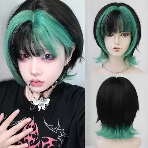 7JHH WIGS Short Straight Black Ombre Green Wig for Women Synthetic Modest Fashion Wear and Go Bob Wi