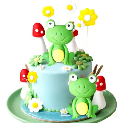 LaVenty Frog Cake Decoration Frog Mushroom Cottage Cake Topper Garden Daisy Cake Decoration Garden P