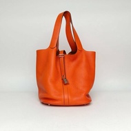 HERMES Picotin26菜籃子93愛馬仕橙TC皮T刻銀扣肩背包