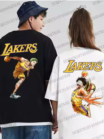 Lakers ONE PIECE Joint Short-sleeved T-shirt Luffy Linkage Lakers Night Pure Cotton Men's and Women'