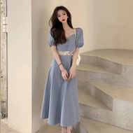 Summer France Style ​Puff Sleeve V Neck Dress Slim Short Sleeve Fit Casual Maxi Dress