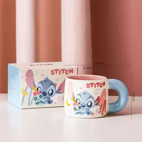 Disney Cute Cartoon Lilo Stitch Angel 460ml Ceramic Mug Large Handle Coffee Cup Cartoon Print Mug Bi