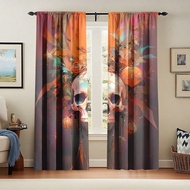 2PCS Halloween Themed Printed Curtains With Colorful Background Lantern, Skull And Other Patterns, C