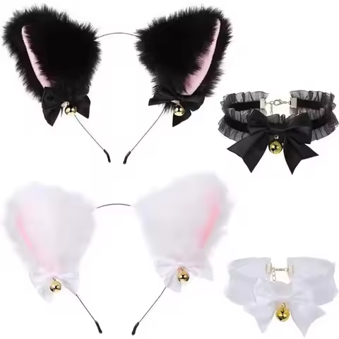 Pretty Plush Cat Ear Headband Fashionable Cosplay Bow Bell Cat Ear Headband Lace Bell Necklace Set W