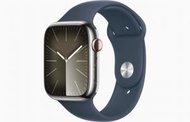 Apple - Apple Watch Series 9 銀色不鏽鋼 GPS + 流動網絡 45mm 運動錶帶 - M/L (風暴藍色)