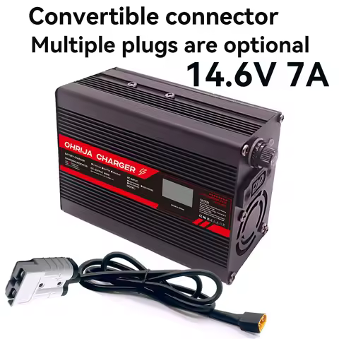 14.6V 7A LiFePO4 Battery Fast Charger for 4S 12.8V OLED Display & Interchangeable Connector Fast sta