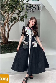 BLT BRAND พร้อมส่ง L การันตีเสื้อผ้าแบรนด์แท้ เดรสยาวปักๆสีดำแขนสั้นตุ๊กตาผ้าลูกไม้สีดำ แต่งผ้าปักคร