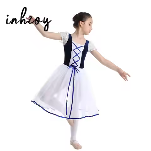 Kids Giselle Ballet Costume for Girls Long Ballet Leotard Dance Dress Lace Bubble Sleeve Tulle Skirt