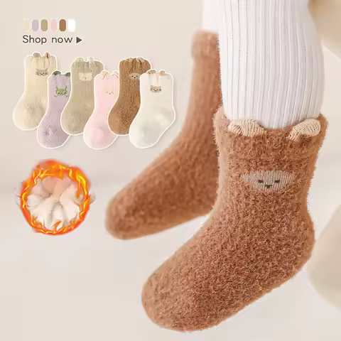 Baby Plush Socks Cute Animal Ears 3D Sock Cartoon Coral Velvet Middle Tube Socks Winter Warm Kids Th