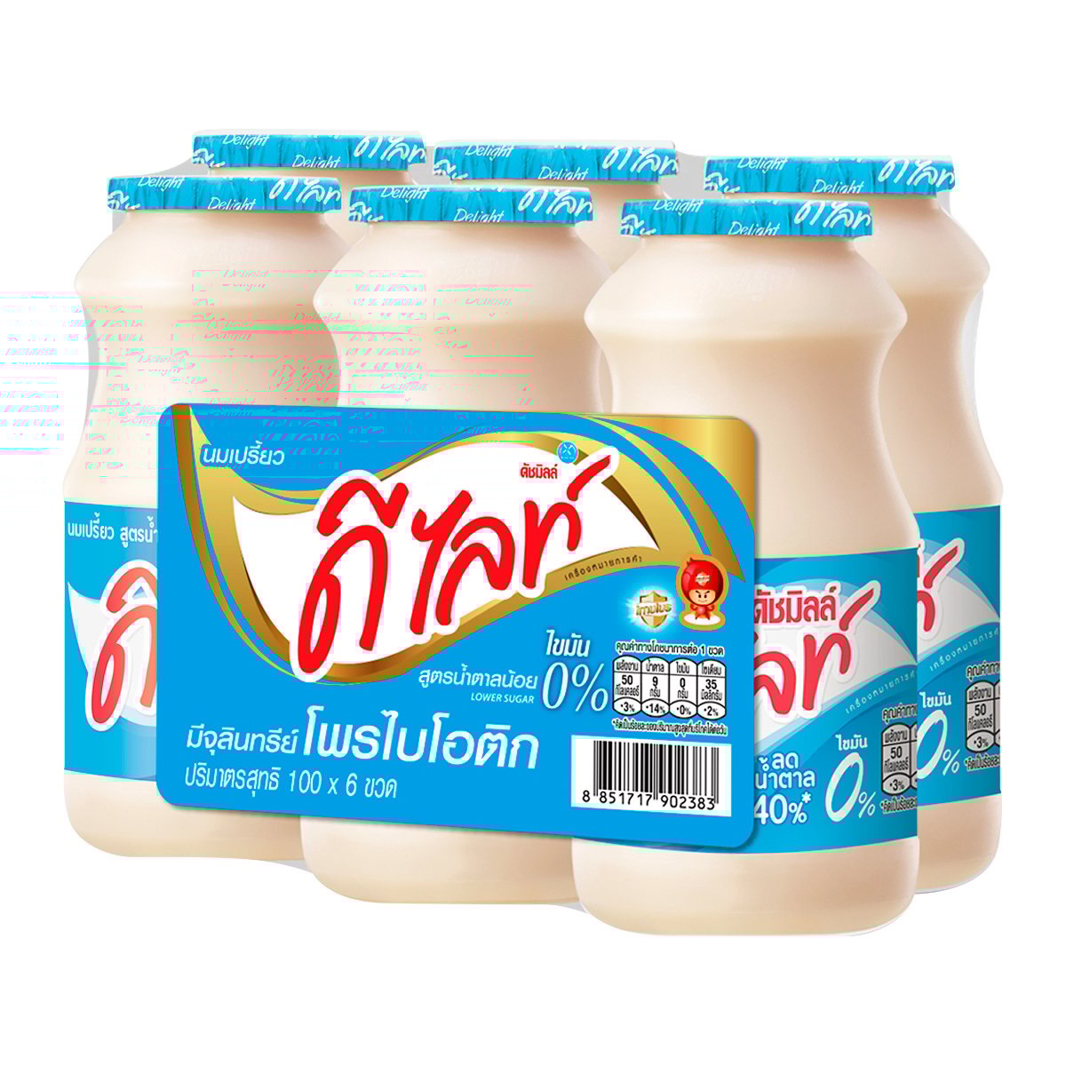ดัชมิลล์ ดีไลท์ นมเปรี้ยว สูตรน้ำตาลน้อย 100 มล. แพ็ค 6 ขวด