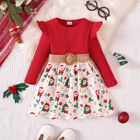 Girls' Christmas Dress Round Neck Santa Claus Printed Long Sleeve Dress+Belt 2Pcs/Set New Year's Clo