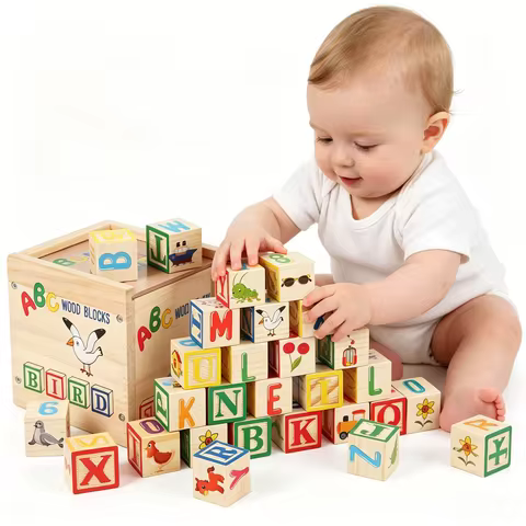 Montessori Wooden Alphabet Blocks Early Educational Stacking Toys Alphabet Number Animal Cognition L