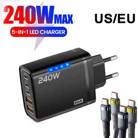240W GaN Desktop Charger 5 In 1 Fast Charger 3PD 2USB Charger 5 Port 120w Type To TypeC Cable Charge