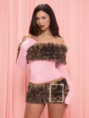 Weird Puss Furry Patchwork 2 Piece Set Woman Leopard Print Slash Neck Full Sleeve T-Shirt+Rhinestone