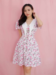 Đầm hoa nhí dự tiệc sang chảnh thiết kế tiểu thư cổ v xòe xinh tay ngắn thanh lịch trẻ trung đi tiệc