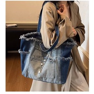 Blue and Black Denim Jeans Shoulder Bag Vintage Denim Canvas Bag Korean Style Jeans Shoulder Bucket 