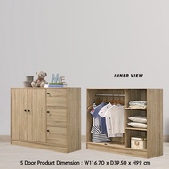 (Soft Close Hinge) Children Wardrobe Almari Baju Rak Cabinet 4 Door 5 Door 5 Pintu Kanak Kanak Storage Rack Cupboard Oak Color Storage Cabinet with Hanging Rod Walnut Oak Color Kabinet Budak