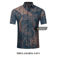 KEMEJA Original Batik Shirt With TIRTA AMARTA NAVY Motif, Short Sleeve Batik Shirt For Men, Men, Slimfit, Full Layer, Short Sleeve
