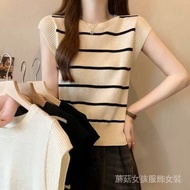 Taiwan Shipping Summer Top Women Ice Silk Stripes T-Shirt Short-Sleeved Feeling Versatile Sleeveless