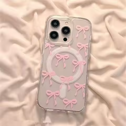 Pink Bow Tie Magnetic For Magsafe Transparent Case For IPhone 16 16E 15 Plus Case IPhone 11 13 12 14