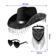 3Pcs/Set Shining Rhinestone Tassel Cowgirl Cowboy Jazz Hat Heart Shape Sunglasses Bandanas Set Women