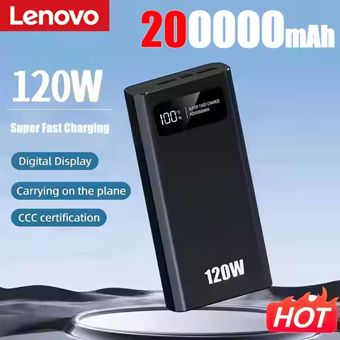 Lenovo Power Bank 200000mAh 120W Super Fast Charging Battery High Capacity Digital Display Power Ban