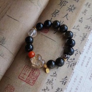 天然原礦黑曜石 水晶狐狸天珠瑪瑙設計單圈手串s