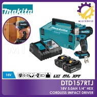 Makita DTD157RTJ, 18V 5.0AH 1/4" Hex Cordless Impact Driver, Comes with 2pcs Batteries and 1pc Charger 140Nm