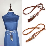 sweety Delicate Fringe Decors Waist Belt Women Beaded Belt Weave Braided Belt Thin Waistband Colorfu