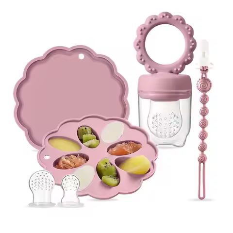 Silicone Baby Fruit Feeder & Mini Freezer Snack Tray & Pacifier Clip BPA-Free Silicone Teether Self-