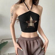 Simon Star Patchwork Backless Halter Top Y2k Streetwear Cuteoomph Black Tanks Camis แนวโน้มแฟชั่นเสื้อผ้าผู้หญิง