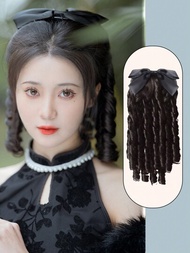 黑褐色公主馬尾頭套假髮,女性捲髮設計,羅馬捲曲,中華民國復古髮飾編織