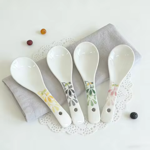 4/8 Pcs，15cm/5.5 Inch Four Seasons Floral Underglaze Ceramic Soup Spoon - Multi-purpose, Dishwasher 