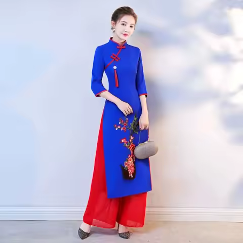 2026 Vietnam Ao Dai Cheongsam Traditional Oriental Dress Set Improved Vietnam Aodai Qipao Wide Leg P