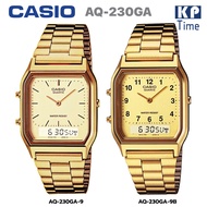 HOT ； Casio สองระบบเข็มดิจิตอล นาฬิกาข้อมือผู้หญิง สีทอง สายสแตนเลส รุ่น AQ-230GA ของแท้ ประกัน CMG