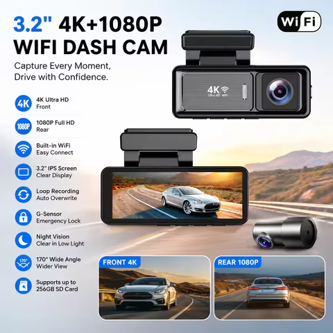 4K+1080P 3.2inch IPS Dual Lens Dash Cam Video Recorder WDR with Night Vision WiFi Loop Recording Car