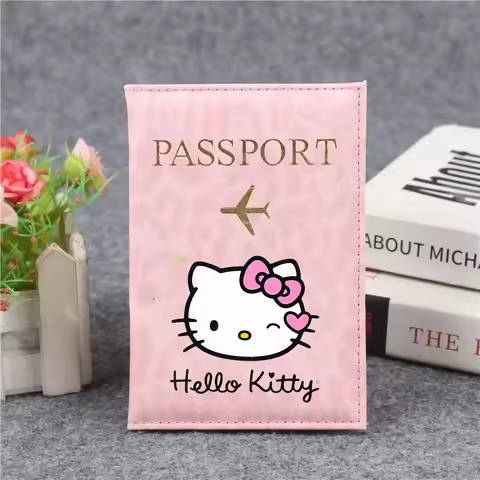 Hello Kitty Passport Cover ID Credit Card Holder Cute Sanrio Ladies PU Leather Business Bag Women Tr