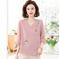 Middle-aged silk shirt, middle-aged shirt with short sleeves made of soft silk with heart collar AQC