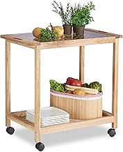 Relaxdays Kitchen Trolley on Wheels, Wooden Serving Trolley with Glass Top, 2 Tier Trolley, H x W x