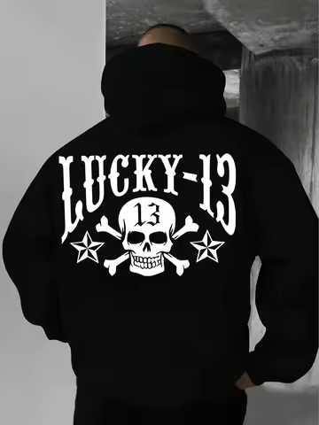 Trending Lucky 13 Skull Crossbones Graphic Hoodie Men Women Vintage Street Front Back Print Loose Sw