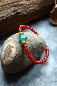 緬甸天然冰種隨形珠 黃翡小珠 紅瑪瑙串珠手鍊