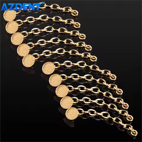 AZDENT 10pcs/Pack Dental Orthodontic Lingual Traction Chain Round Base Button Golden Gold Plated