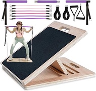 Professional Wooden Slant Board, Adjustable Incline Board and Calf Stretcher, Stretch Board.Pilates Bar Kit with Resistance Bands, Multifunctional Yoga Pilates Bar with Adjustment Buckle